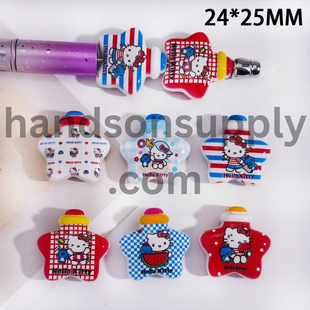 Cute Cat Character Prints with Star Wishing Bottle Acrylic Beads, 24*25MM, Random Mix