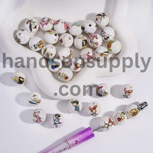 Cute Caveman Funny Stone Age Family Character Print Round Acrylic Beads 16MM Random Mix