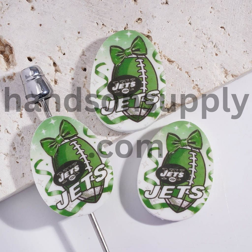 NY Jets Football Sport Theme Print Oval Shape Silicone Focal Beads