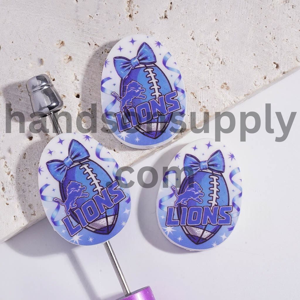 Blue Lion Detroit Football Sport Theme Print Oval Shape Silicone Focal Beads