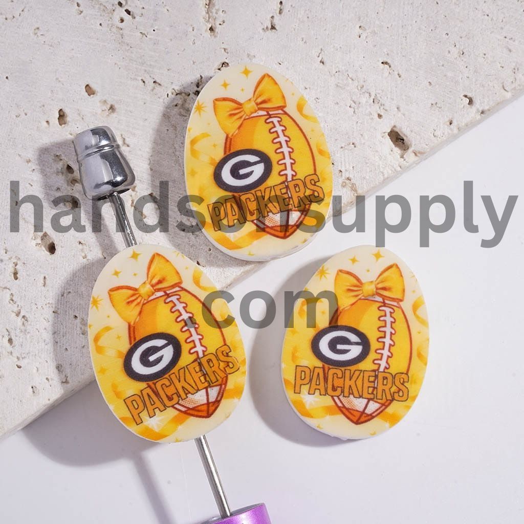 Green Bay Football Sport Theme Print Oval Shape Silicone Focal Beads