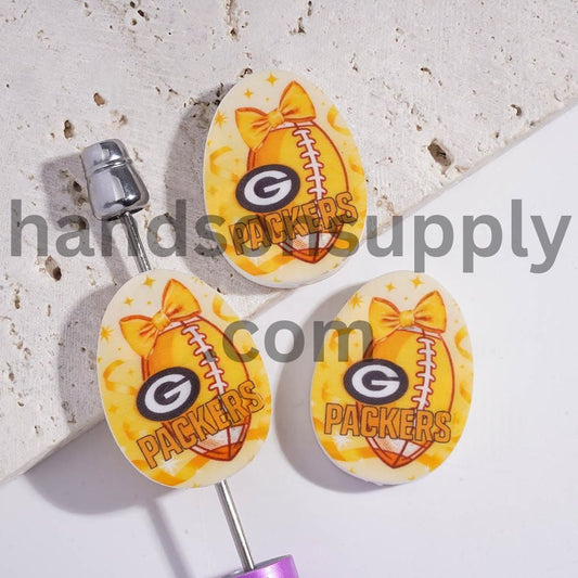 Green Bay Football Sport Theme Print Oval Shape Silicone Focal Beads