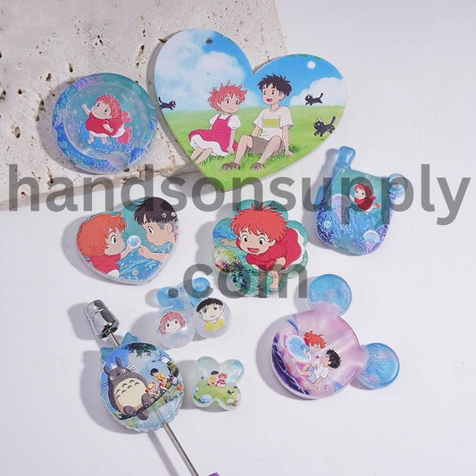 Cute Anime Style Japanese Fantasy Girl with Goldfish & Chinchilla Character Acrylic Beads Pendants Random Mix