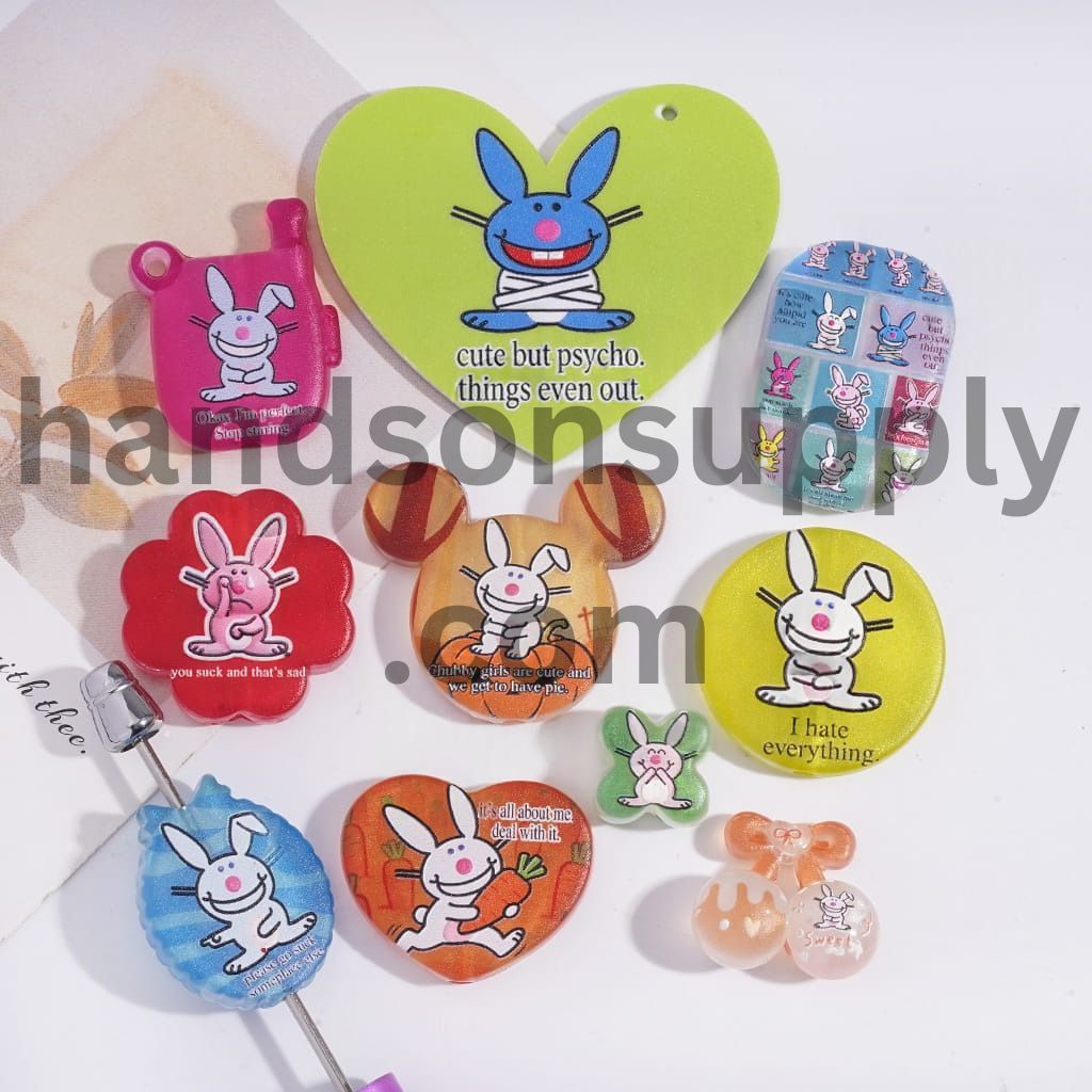 3D Delighted Cute Bunny Series in Various Shape & Designs Prints Acrylic Beads Pendants Random Mix