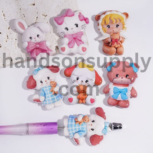 Glossy Concavo-Convex Cute Animal Character Bunny, Kitty, Bear & Puppy Mix Acrylic Beads