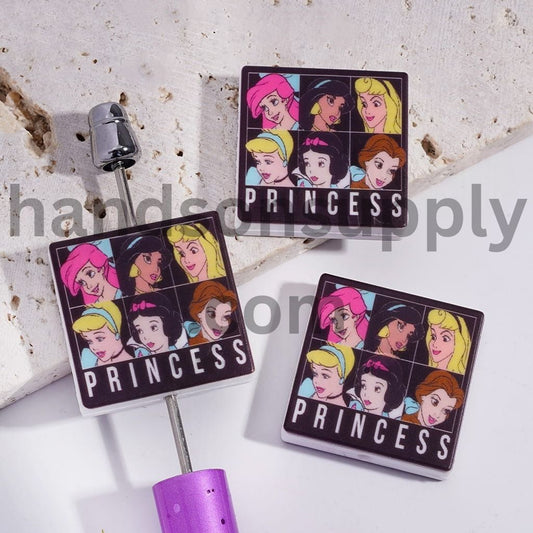 Six Princess Portrait Character Black Background Flat Square Shape Silicone Focal Beads