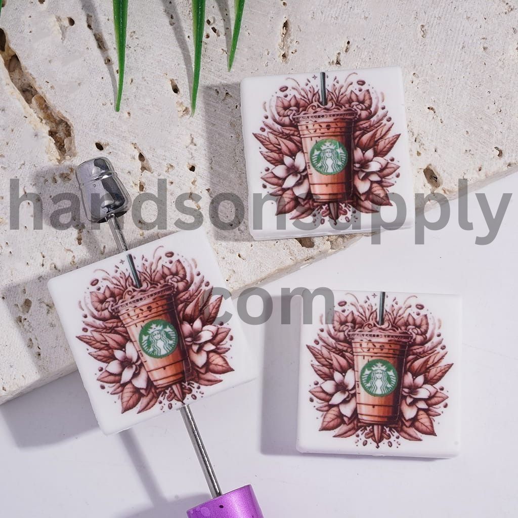Coffee Cup with Flower Leaves Design Print on Flat Square Shape Silicone Focal Beads