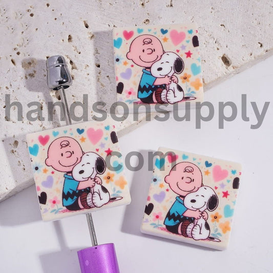 Little Boy Holding Beagle Dog Character Flat Square Shape Silicone Focal Beads