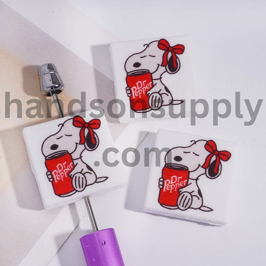 Cute Beagle Dog Holding Soda Drink with Red Bowknot Flat Square Shape Silicone Focal Beads