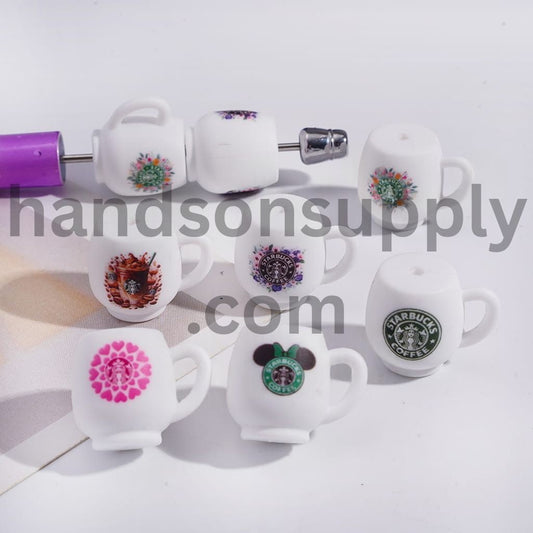 3D White Coffee Cup with Assorted Patterns Silicone Focal Beads Random Mix