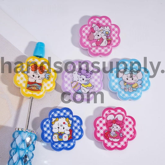 Japanese Sweet Girl Series Featuring Cat & Bunny on Checkered Print Flower Shaped Acrylic Beads 30*30MM Random Mix