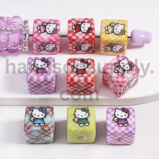 Cute Cat Checkered Print Cube Square Shape Acrylic Beads 14*14MM, Random Mix