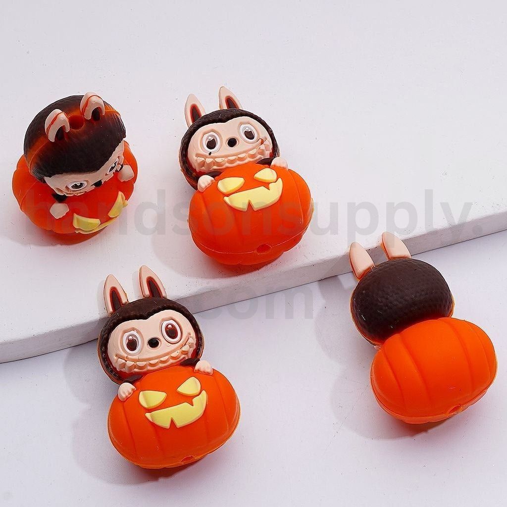3D Cute Halloween Labub on a Ghost Face Pumpkin Silicone Focal Beads