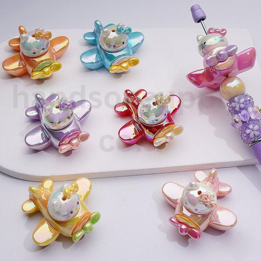 Cute Cat Character Drives the Plane UV Coating Acrylic Beads, 45*47MM, Random Mix