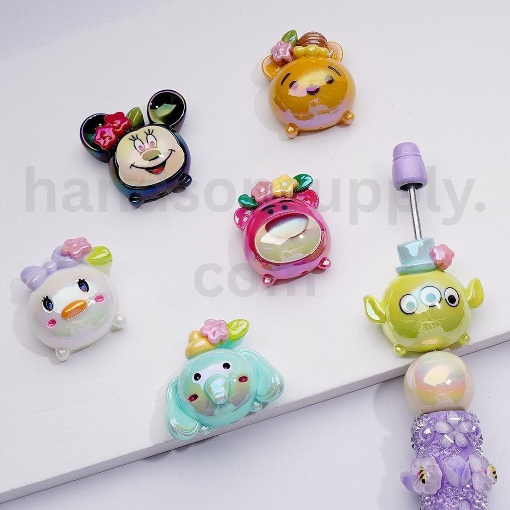 UV Coating Cartoon Minni Pink Bear Honey Bear Toy Adventure Elephant Duck Classic Animation Toy Adventure Acrylic Beads Mix, 24*21MM, Random Mix