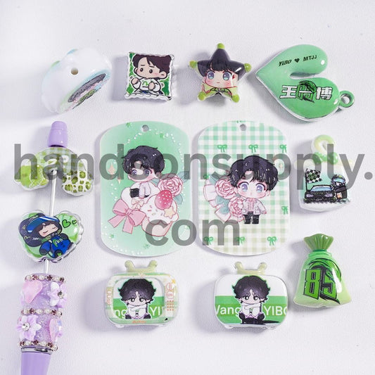 Concavo‑Convex Chinese Idol Print Series, Green Color Different Shape Design Pendant Acrylic Beads Random Mix