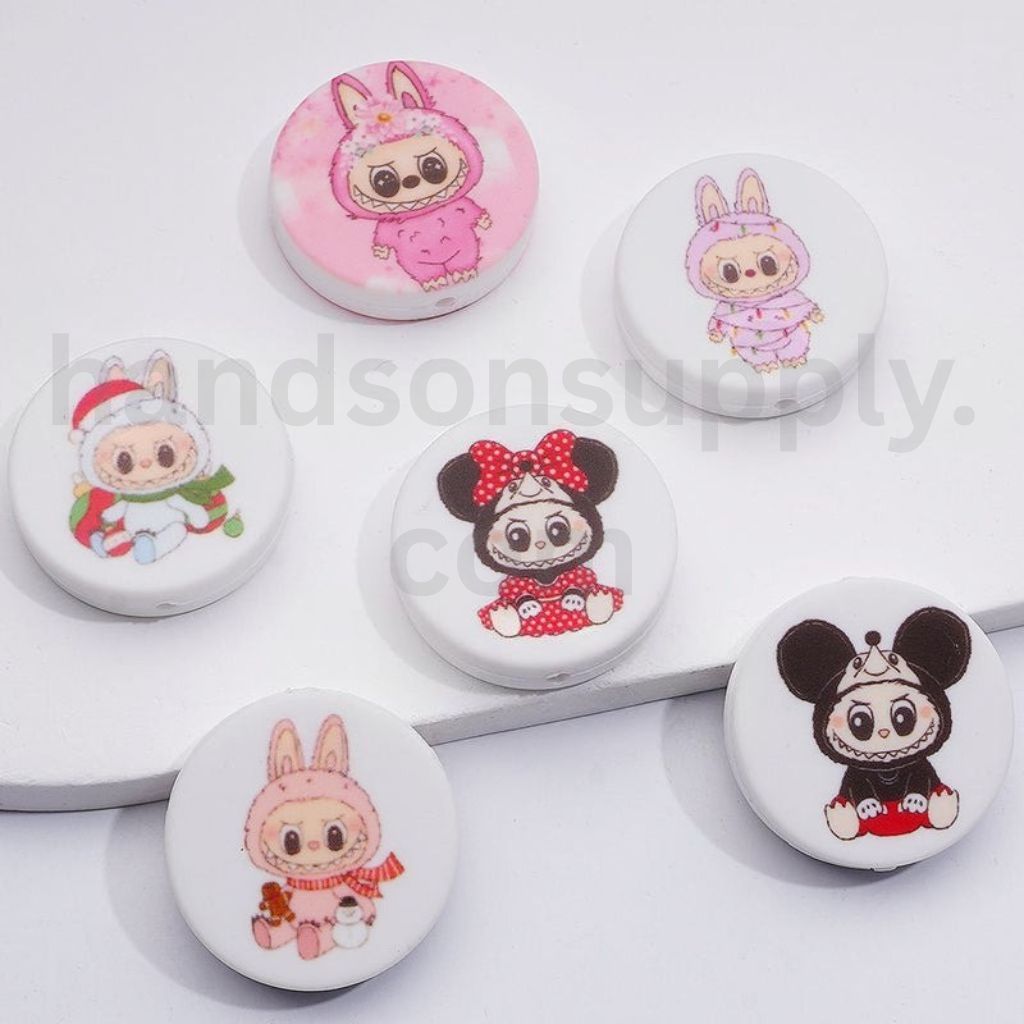 Different Costumes Cute Labub in Flat Round Silicone Focal Beads, Random Mix