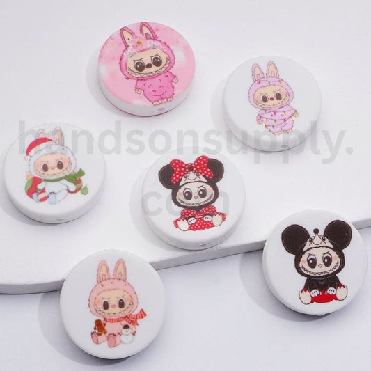 Different Costumes Cute Labub in Flat Round Silicone Focal Beads, Random Mix