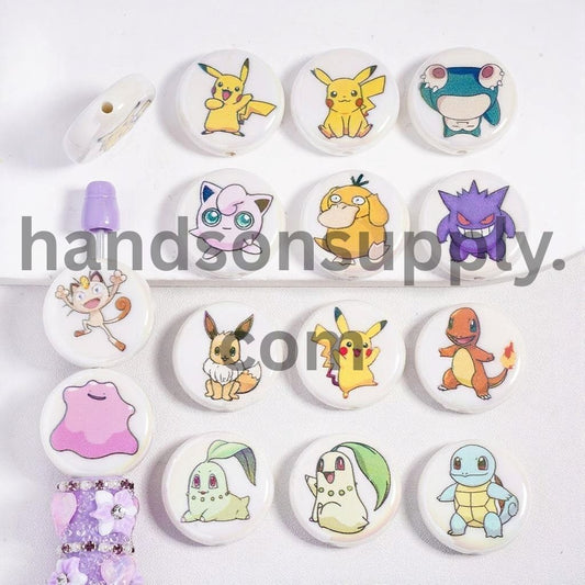 UV Coating Cute Small Monster on White Background Double Side Prints Flat Round Acrylic Beads 23 MM, Random Mix