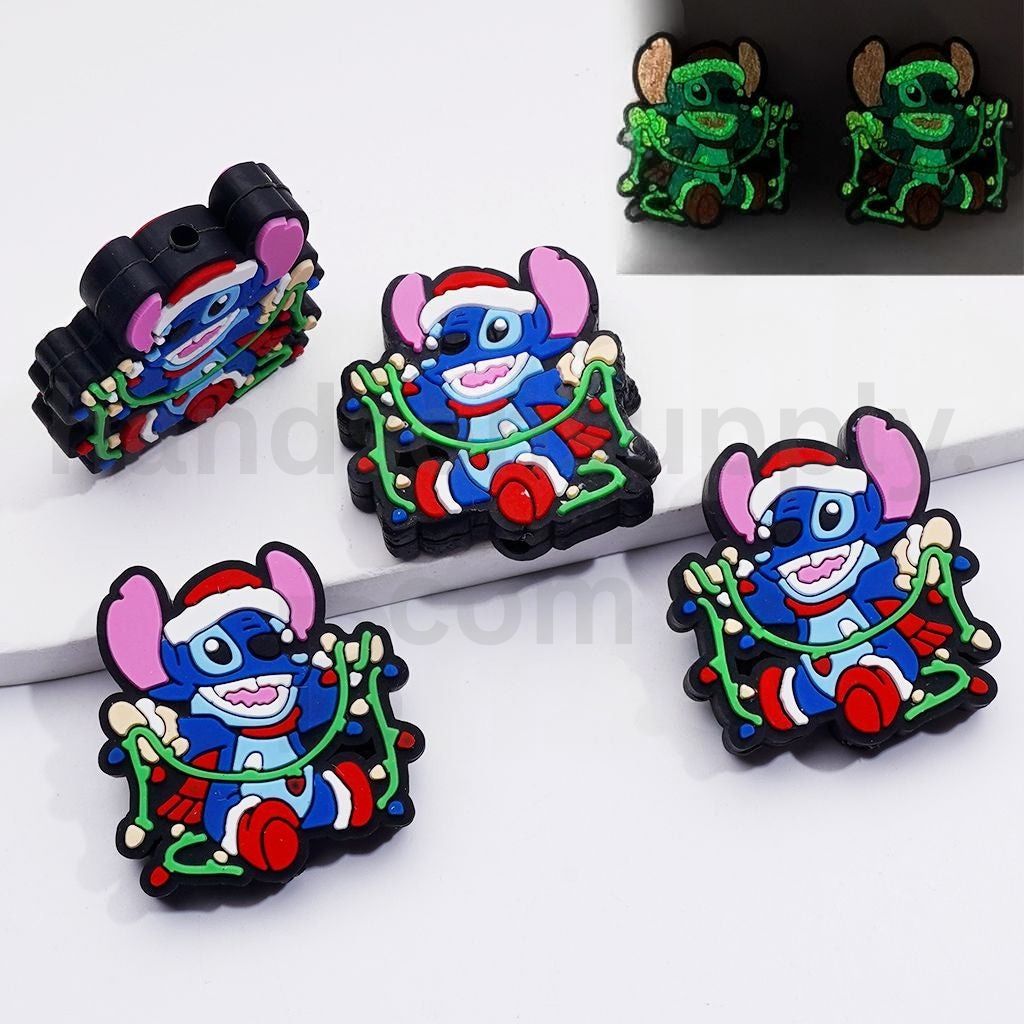 Cute Stitc with Christmas Bulbs Christmas Hat Holds Luminous Disne Silicone Focal Beads