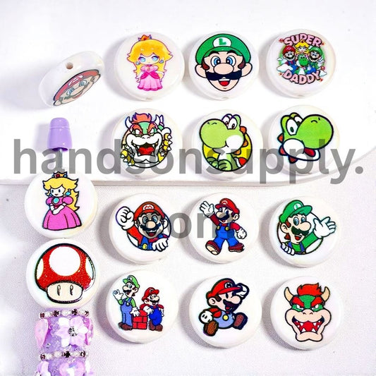 UV Coating Plumber Character Series on White Background Double Side Prints Flat Round Acrylic Beads 23MM, Random Mix
