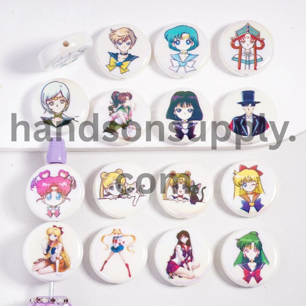 UV Coating Cute Magical Girl Character Different Design Series Double Side Prints Flat Round Acrylic Beads 23MM, Random Mix