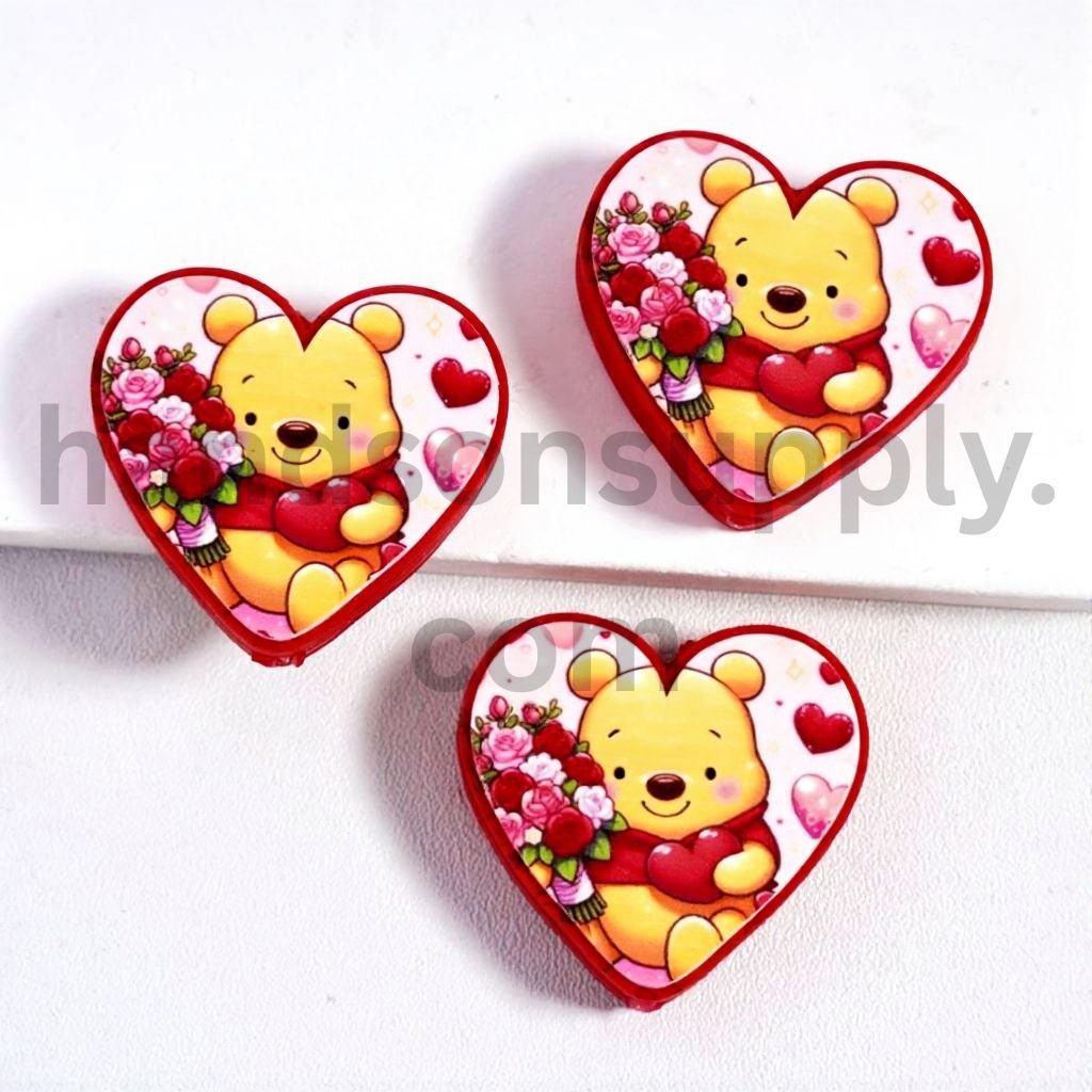 Cute Yellow Bear Character Holding A Bouquet Rose Flowers and Red Heart Valentine's Day Theme Print Heart Shape Design Silicone Focal Beads