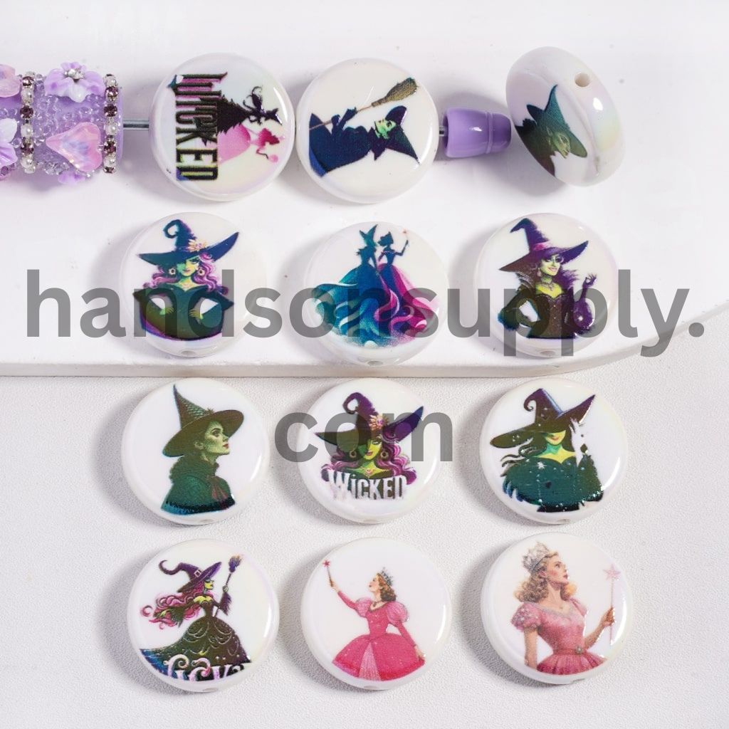 UV Coating Horror Magic Halloween Witch Different Design Series Double Side Prints Flat Round Acrylic Beads 23MM, Random Mix