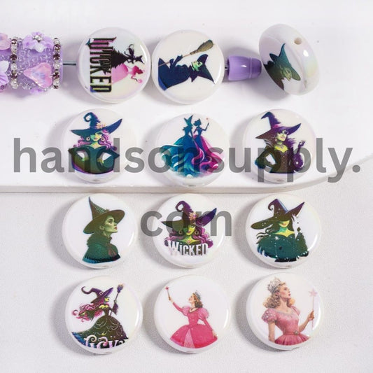 UV Coating Horror Magic Halloween Witch Different Design Series Double Side Prints Flat Round Acrylic Beads 23MM, Random Mix