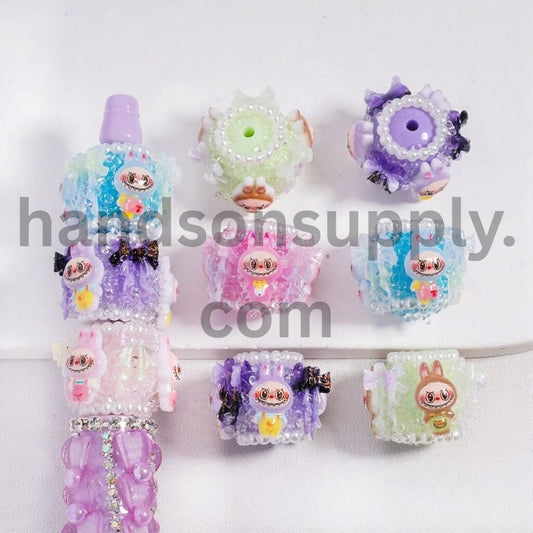 Cute Colorful Monsters Character with Glitter Bowties & Pearl Rhinestone Chain Sugar Acrylic Beads 22MM, Random Mix
