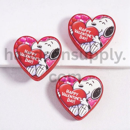 Cute Dog Character Holding Large Sized Red Heart with Text "Happy Valentine's Day" Heart Shape Design Silicone Focal Beads