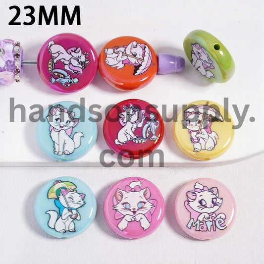 UV Coating Beautiful Cute Cat Character Different Design Multi-Color Double Side Prints Flat Round Acrylic Beads 23MM, Random Mix