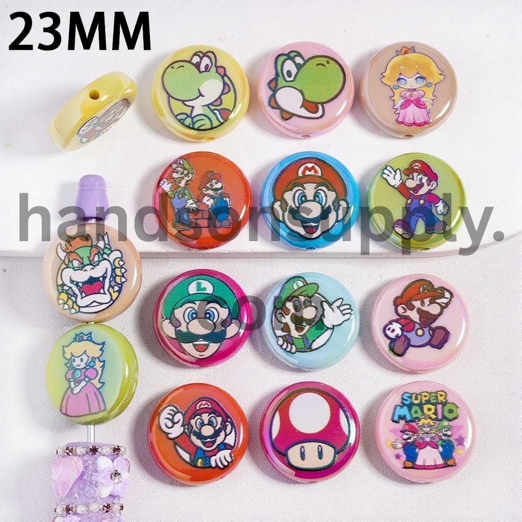 UV Coating Plumber Character Series Double Side Prints Flat Round Multi-Color Acrylic Beads 23MM, Random Mix