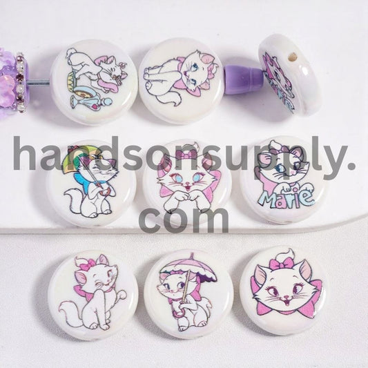 UV Coated White Background Cute Cat Character Double Side Print Flat Round Shape Acrylic Beads
