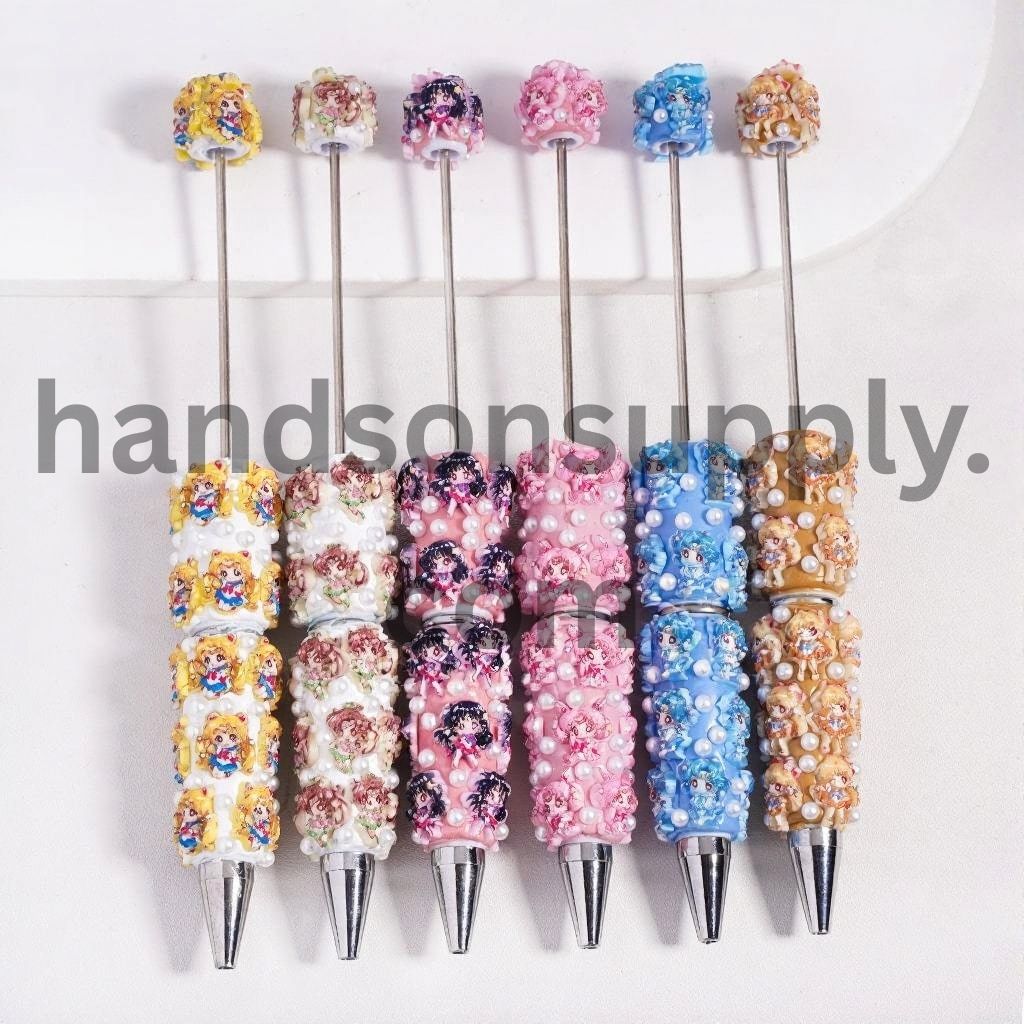 Cute Magical Girl Characters with White Pearls Beadable Clay Pens Random Mix