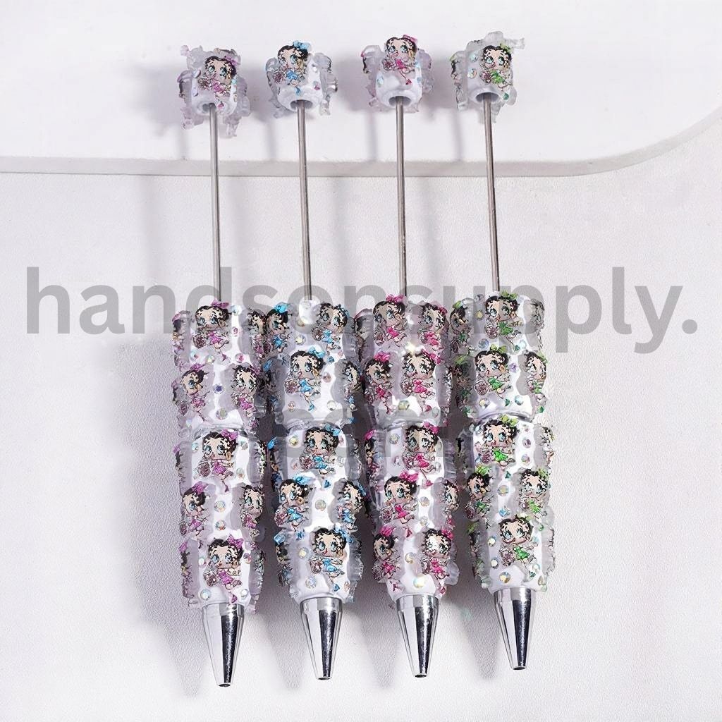 Old Girl Character Eating Ice Cream Beadable Clay Pen Design with AB Rhinestones Random Mix