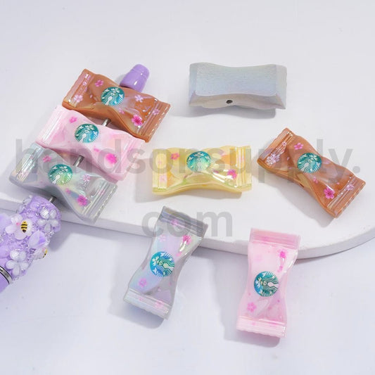 UV Coated with Cute Sakura Flower Prints and Starbuck Candy Design  Acrylic Beads 18*34MM, Random Mix