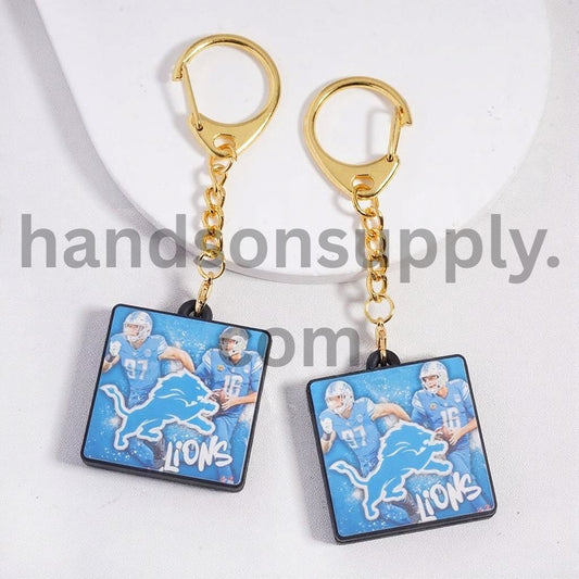 Detroit Football Gold Color Metal Keychain with Gold Lobster Clasp & Football Theme Silicone Charm