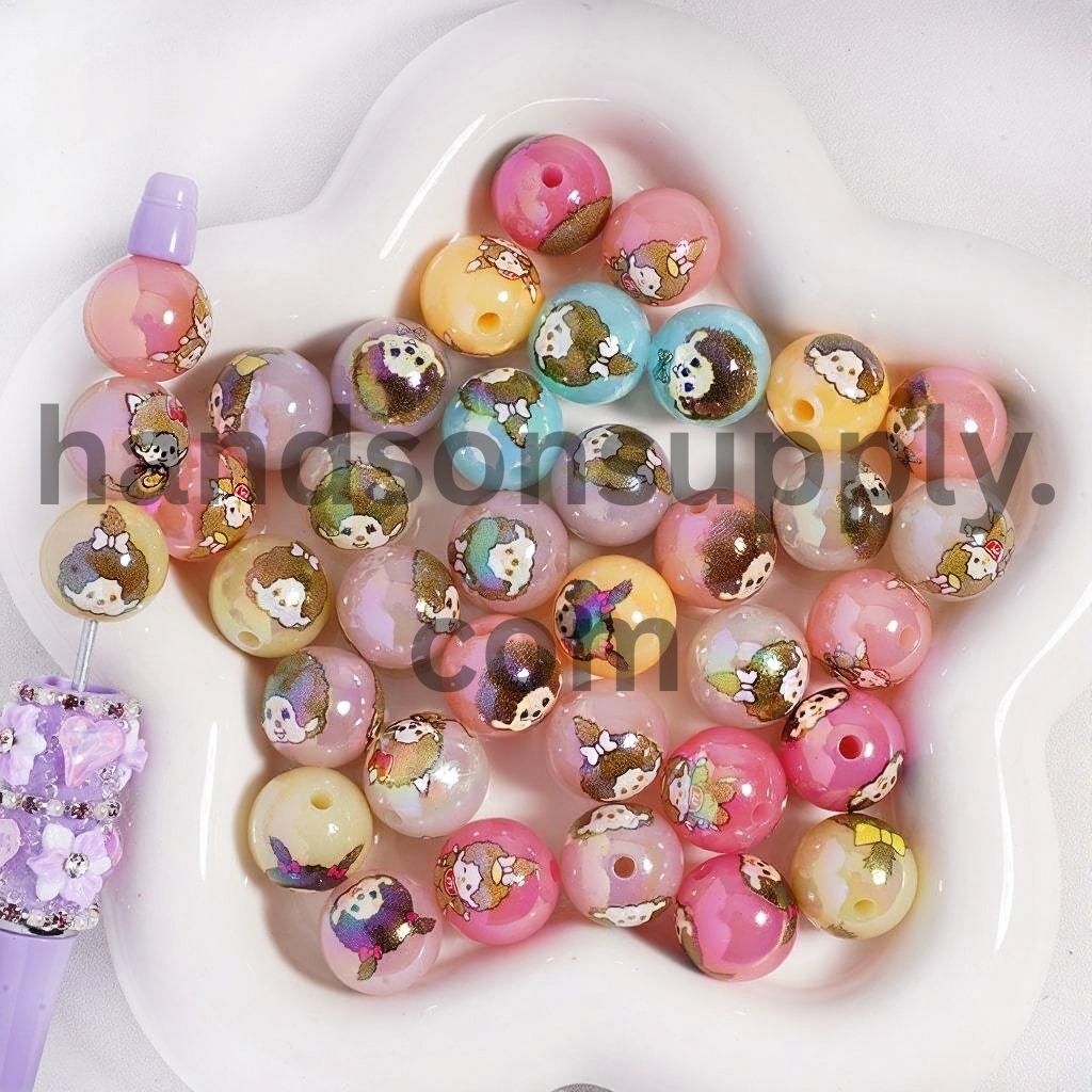 Cute Baby Monkey Dolls Girl & Boy Print Jelly Colors Round Acrylic Beads 16 MM Random Mix
