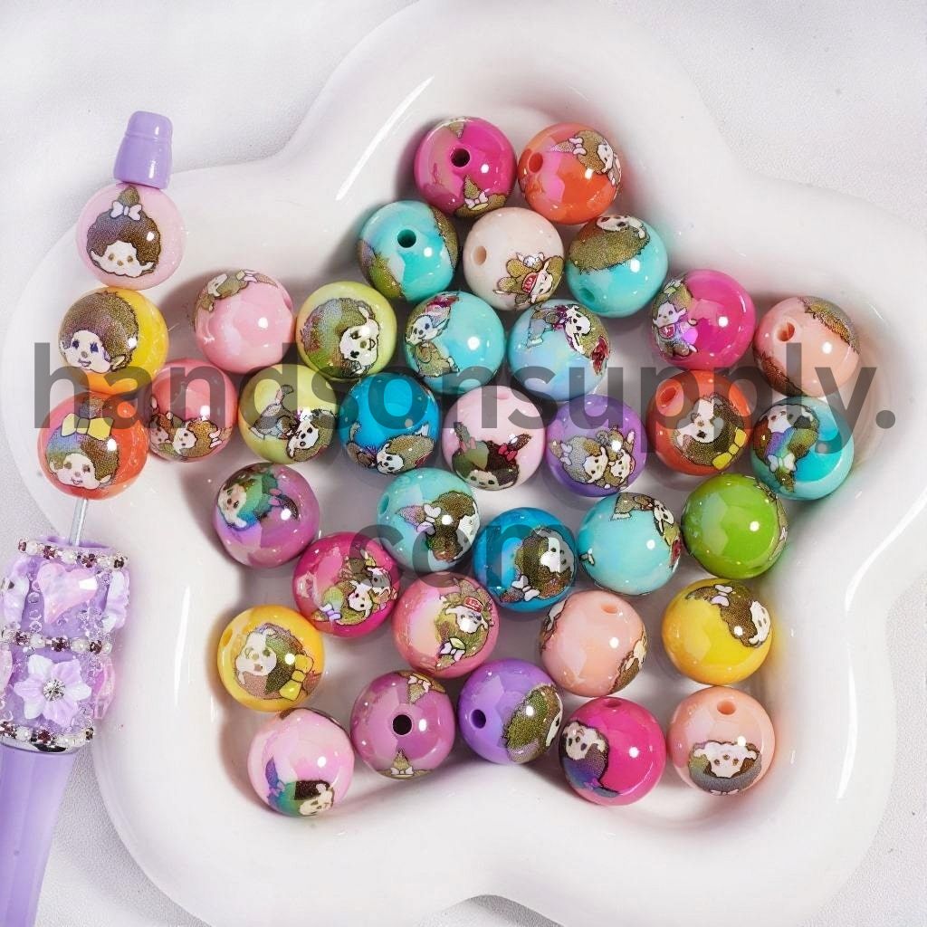 Cute Baby Monkey Doll Girl & Boy Characters Print Round Acrylic Beads 16 MM, Multi‑Color Random Mix
