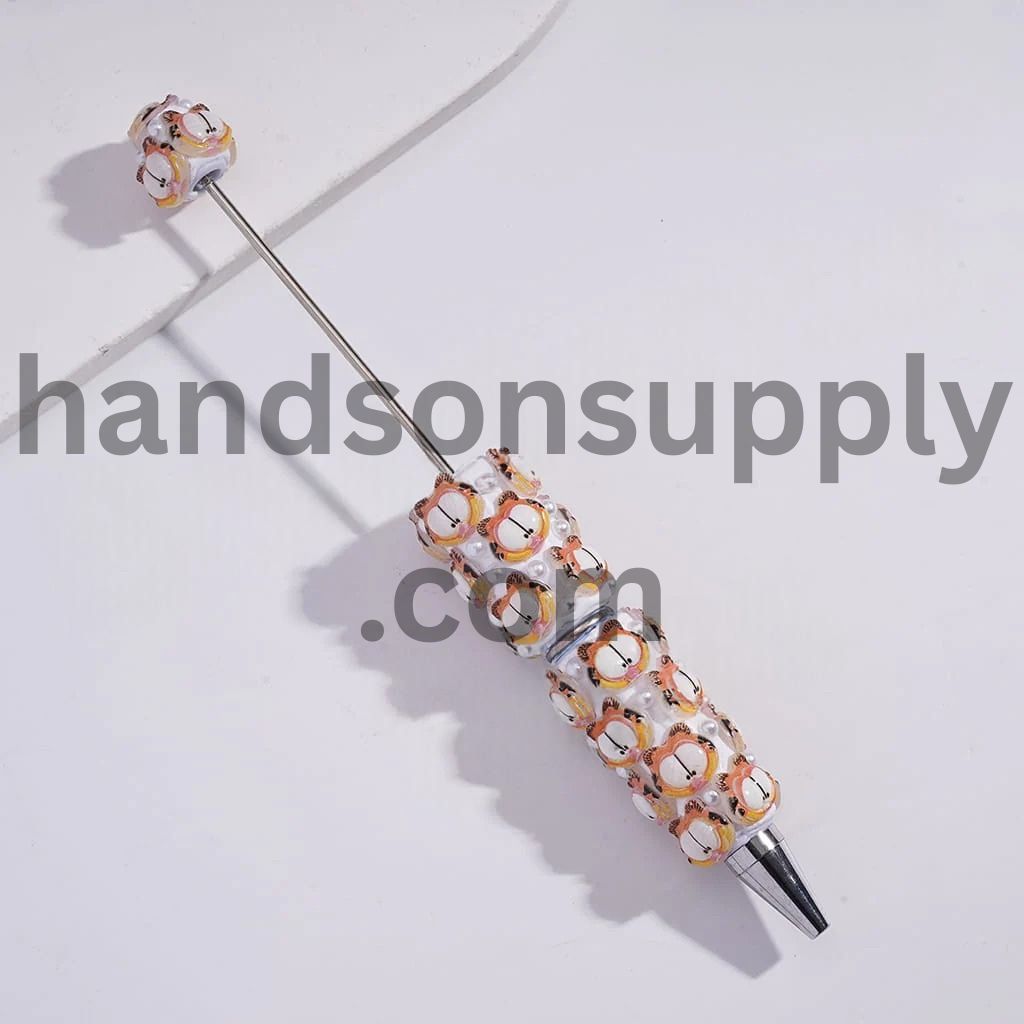 Cute Lazy Cat Character With White Pearls Beadable Clay Pens