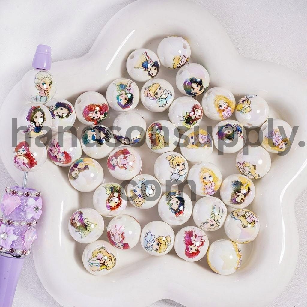 UV Coated Beautiful Princess Series Print on White Background Acrylic Beads 16 MM, Random Mix