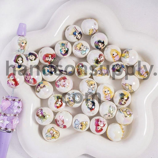 UV Coated Beautiful Princess Series Print on White Background Acrylic Beads 16 MM, Random Mix