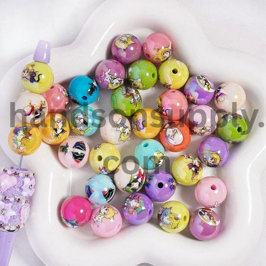 Cute Magical Girl Character Series Print Multi Color Round Acrylic Beads 16 MM, Random Mix