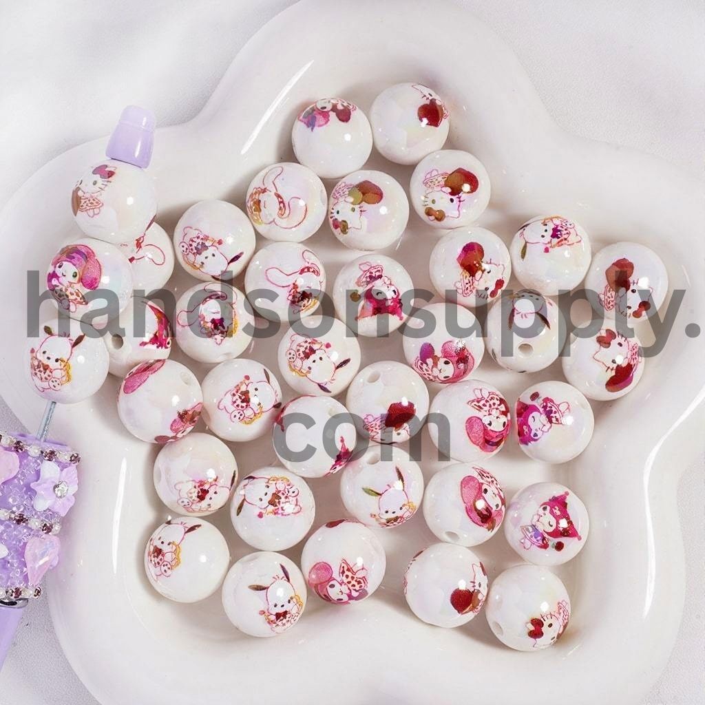 Pink Adorable Character Series Print on White Background Round Acrylic Beads 16 MM, Random Mix
