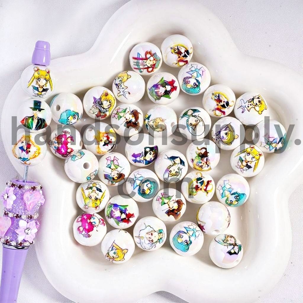 UV Coated Cute Magical Girl Characters Series Print on White Background, Round Acrylic Beads 16 MM, Random Mix