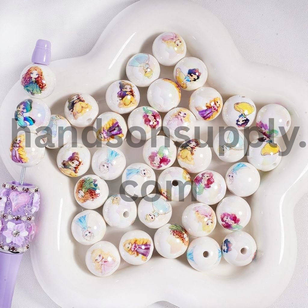 UV Coated Mini Princess Series Print on White Background Round Acrylic Beads 16 MM, Random Mix