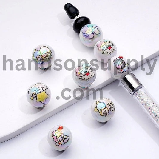 Adorable Character Cute Babies Baby Star Doll UV Coating Family White Round Acrylic Beads, 16MM, Random Mix