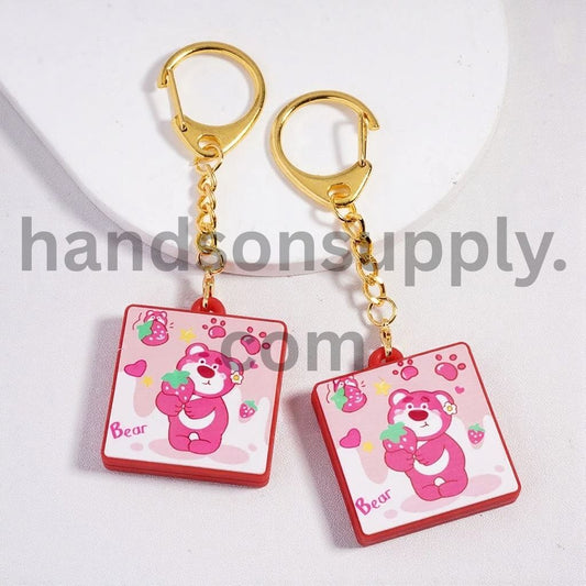 Pink Strawberry Cute Bear Print Flat Square Shape Silicone Metal  Keychain Charm with Gold Color Lobster Clasp