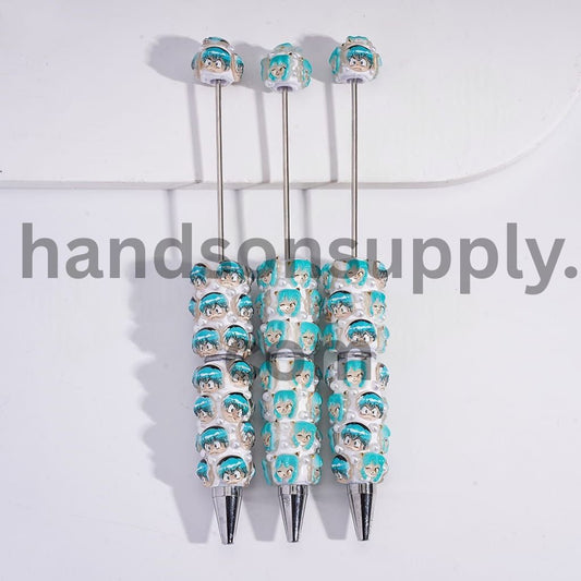 Teal Beadable Clay Pens with Japanese Virtual Character & White Pearls Random Mix